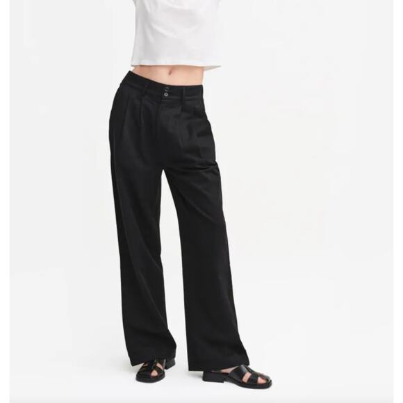 MATE the Label Tencel Twill Pleated Pants Trousers Black Medium High Rise Cotton - Picture 1 of 8